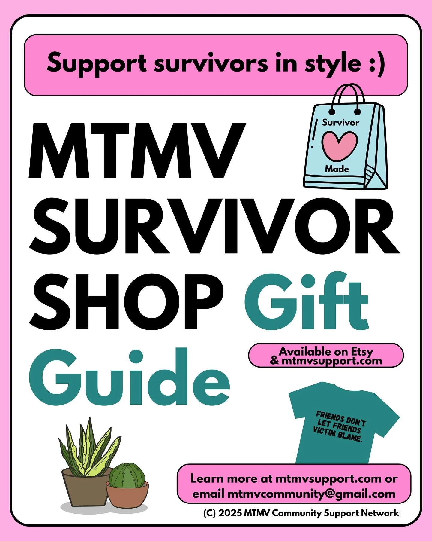 Support survivors in style (this holiday season) and check out the MTMV Survivor Shop Gift Guide. We have custom and bulk orders, too! 🎀

Image descriptions embedded. Full PDF descriptions available upon request.

#SurvivorShop #MTMVSurvivorShop #Su