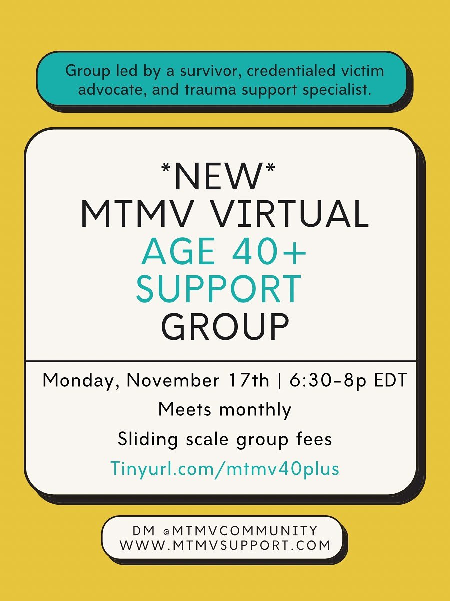 Coming up next week! Monday, November 17th at 6:30p ET. Free to sliding scale. Link in bio to sign up. 

This monthly group offers a space for survivors of all genders ages 40+ to find meaningful support and connection with their age-based peers. If 