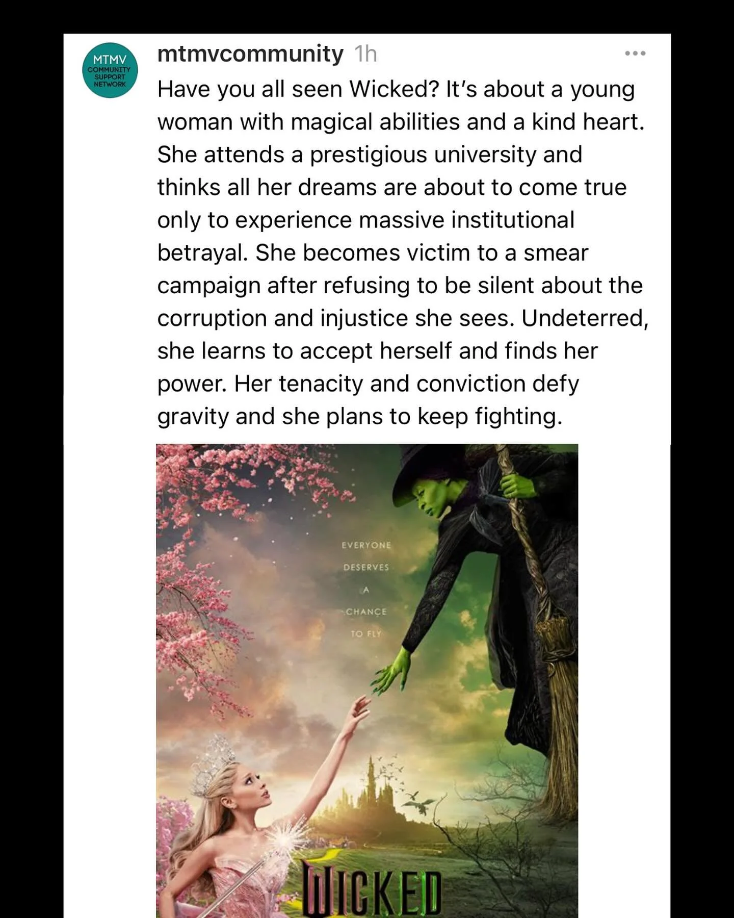 Reposting in honor of the release of Wicked Part 2! ✨

Image description: Photo of the movie poster for Wicked with Cynthia Erivo and Ariana Grande. Text reads, Have you all seen Wicked? It&rsquo;s about a young woman with magical abilities and a kin