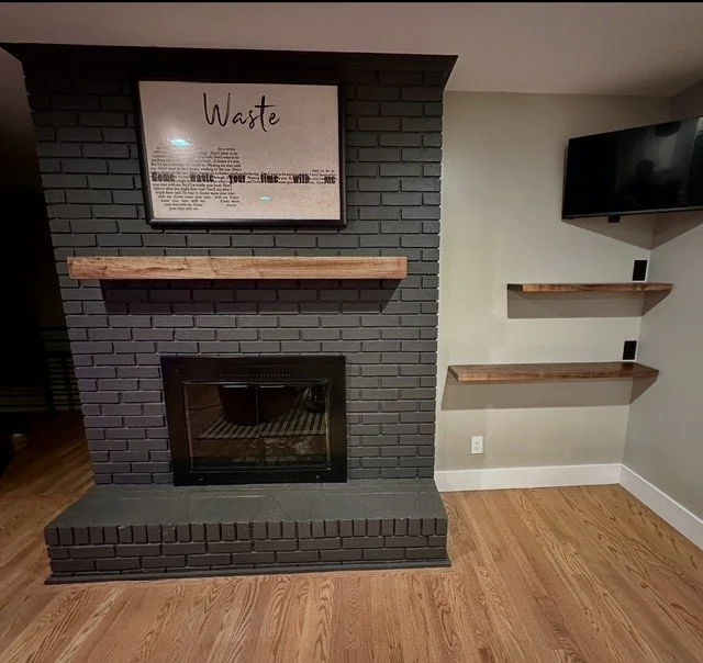 Walnut Mantel & Floating Shelves