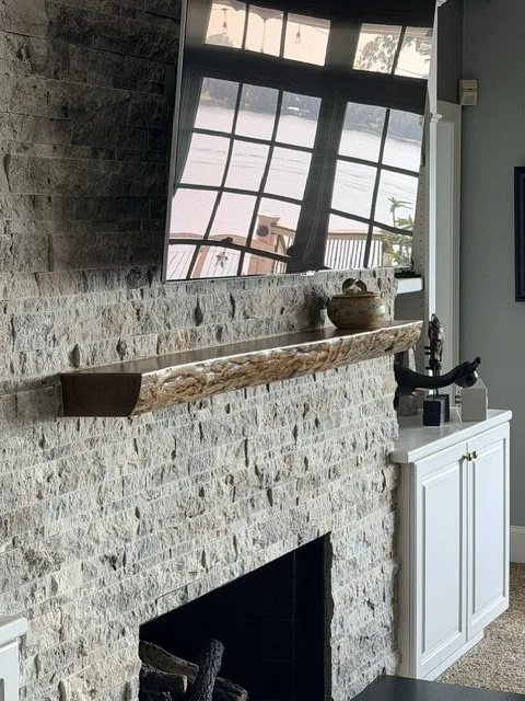 American Cherry Live Edge Mantel in a medium brown tint and clear