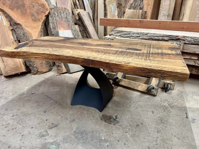 White Oak Reclaimed Live Edge Coffee Table on mid-century modern pedestal base