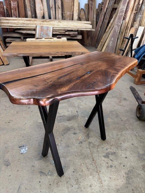 Walnut Highboy Table on Steel