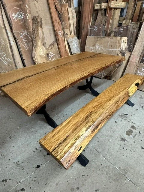 White Oak Live Edge 7 ft single slab Dining Room Table & Bench on Flowyline Curva model steel legs
