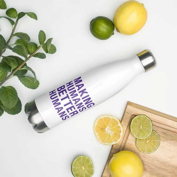 Stainless Steel Water Bottle with purple text