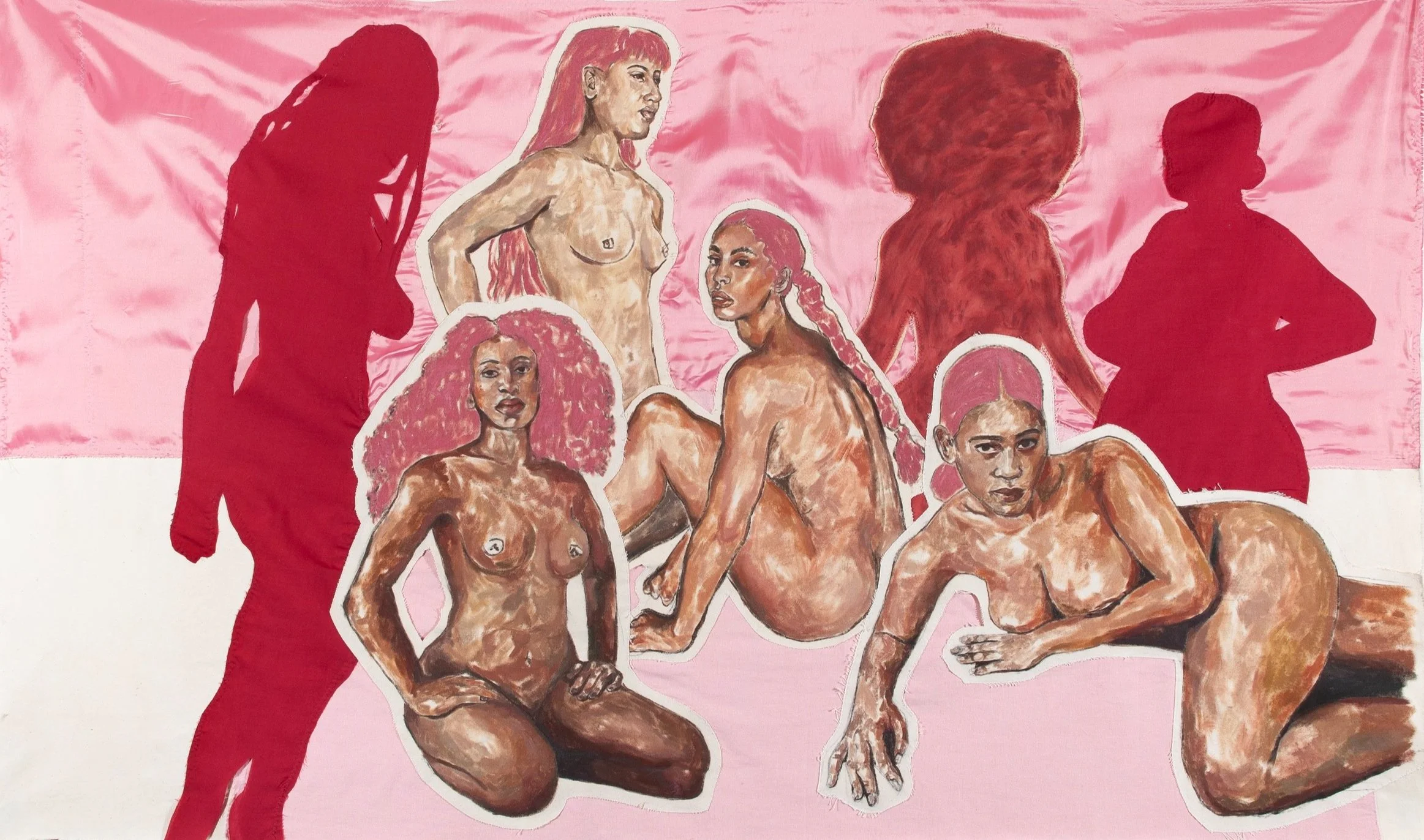 
We’ve Arrived,
Oil paint, acrylic paint, charcoal and fabric on canvas,
165 cm x 110.5 cm 