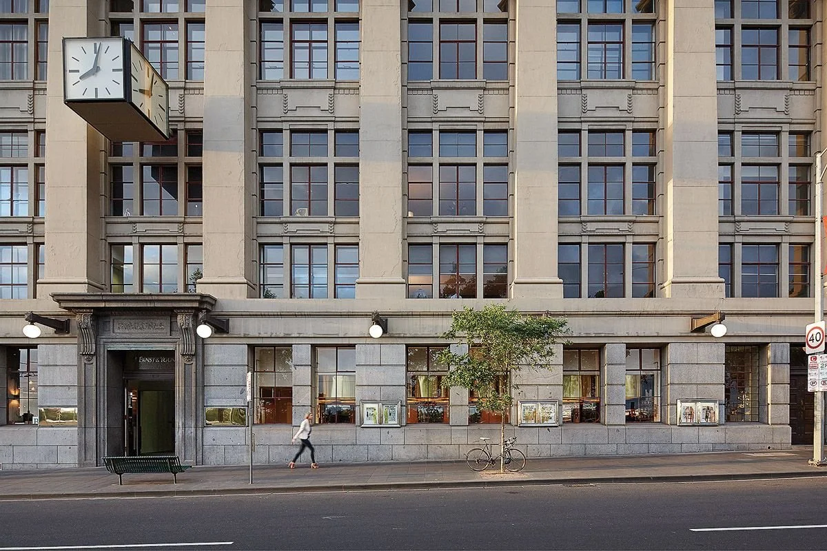Neoclassical facade of the former Herald and Weekly Times building on Flinders Street, home of Elchi