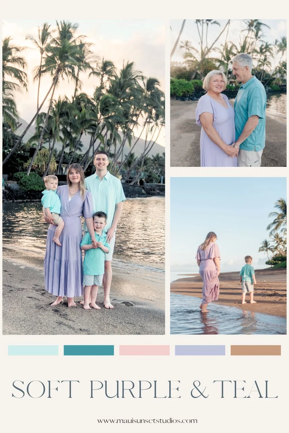 professional maui photographer collects family photos to show color palette of soft purples and teals for photo session