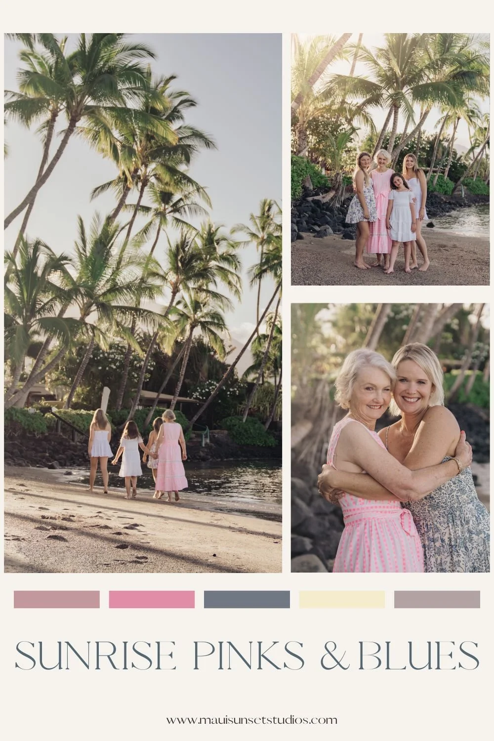professional maui photographer collects family photos to show color palette of sunrise pinks and blues for photo session