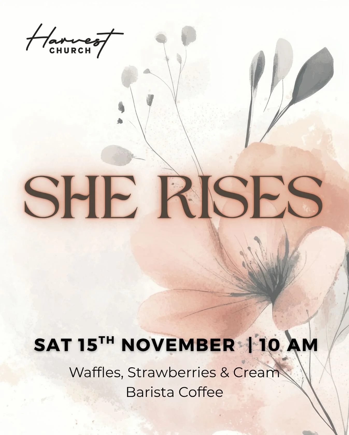 SHE RISES WOMENS MORNING! 
We would love you to join us for our next SHE RISES morning on Saturday 15th November 10am!
We will be having hot waffles with strawberries & cream along with our barista coffee cart!
Join us for wonderful morning as