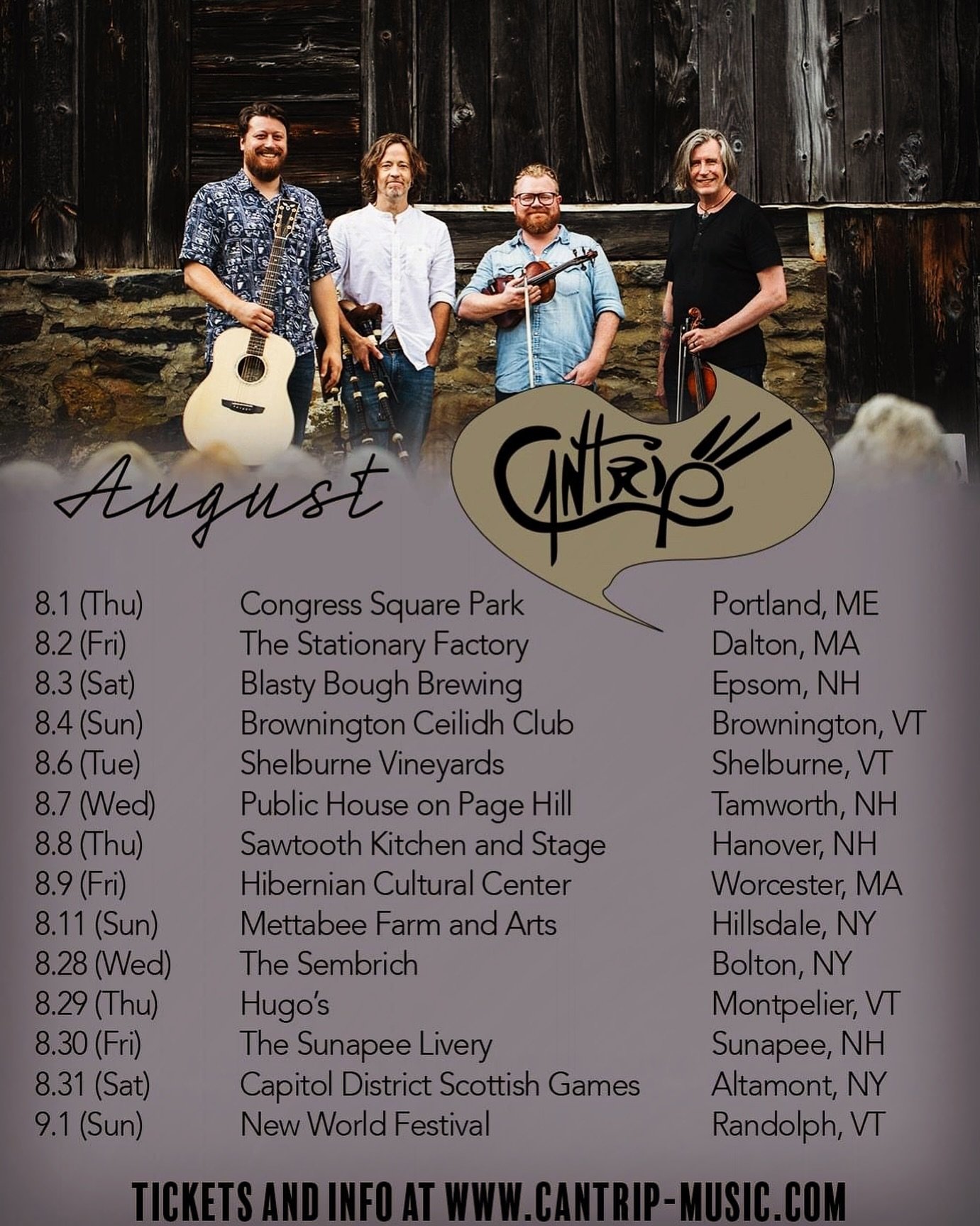 Massive month ahead! Take your pick and get your tix!!

#cantrip #scottishmusic #trad #bagpipes #newenglandmusic #festival #concerts #letsride