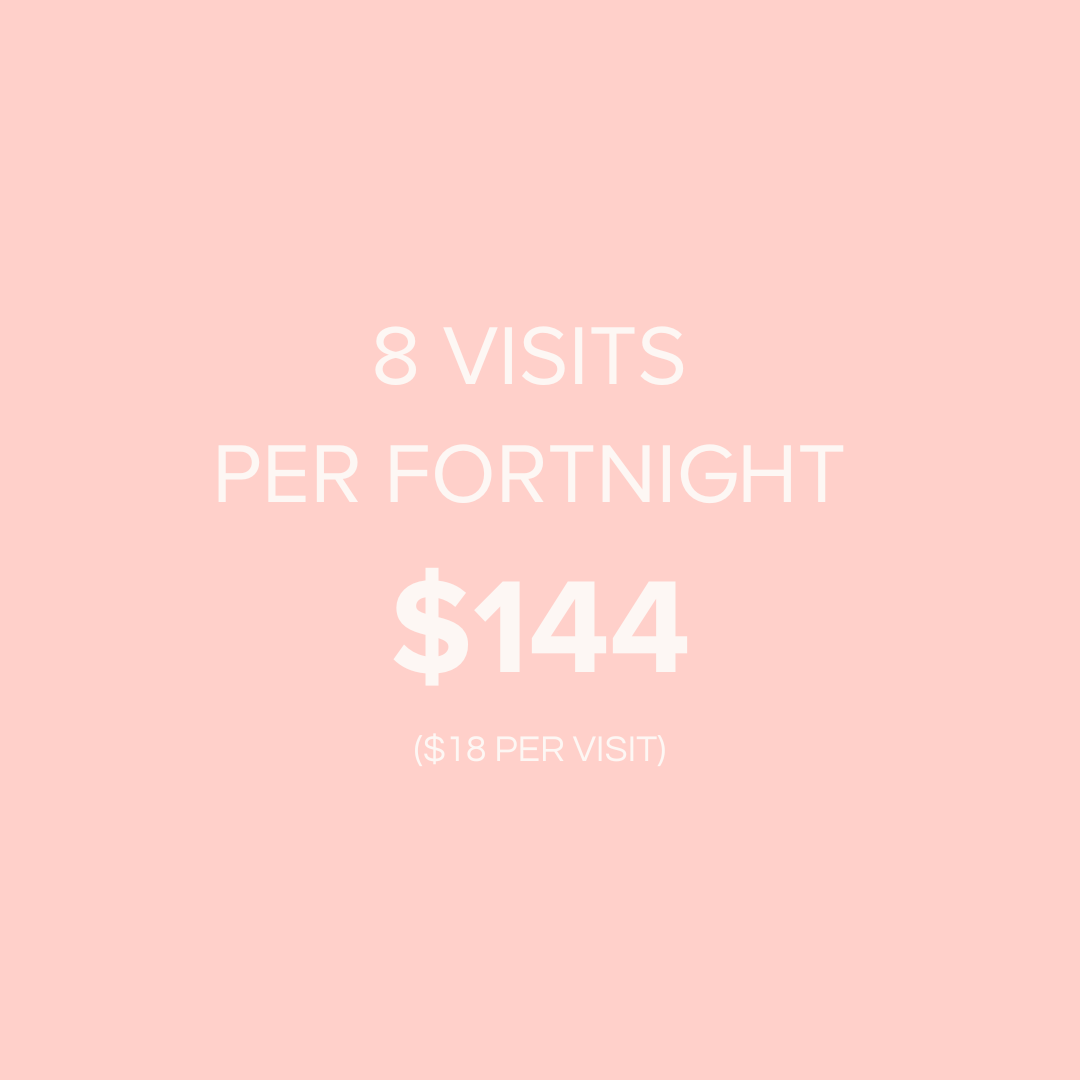 Pink background with white text displaying a price of $133 for 8 classes per fortnight