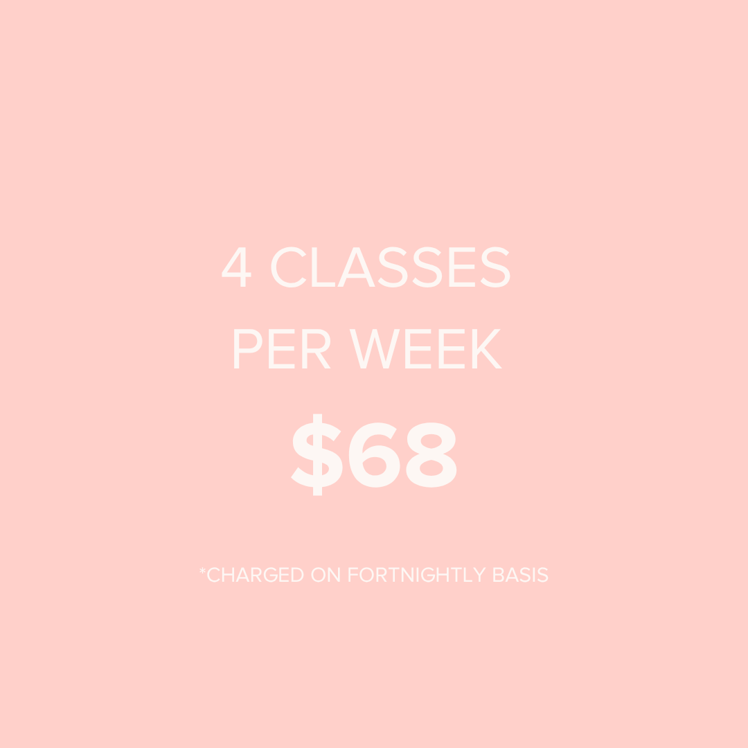Text on a pink background that reads: '6 CLASSES PER FORTNIGHT $114'