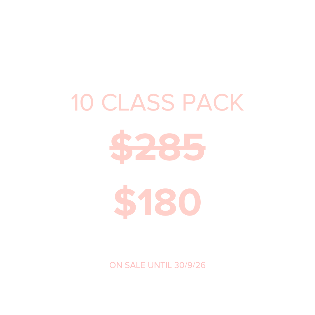 Text advertisement for a 10 class pack priced at $285 in pink font on a white background.