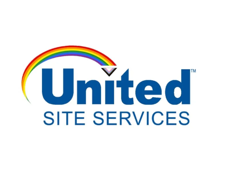 United Site Services logo with a rainbow arc over the company name in blue letters.