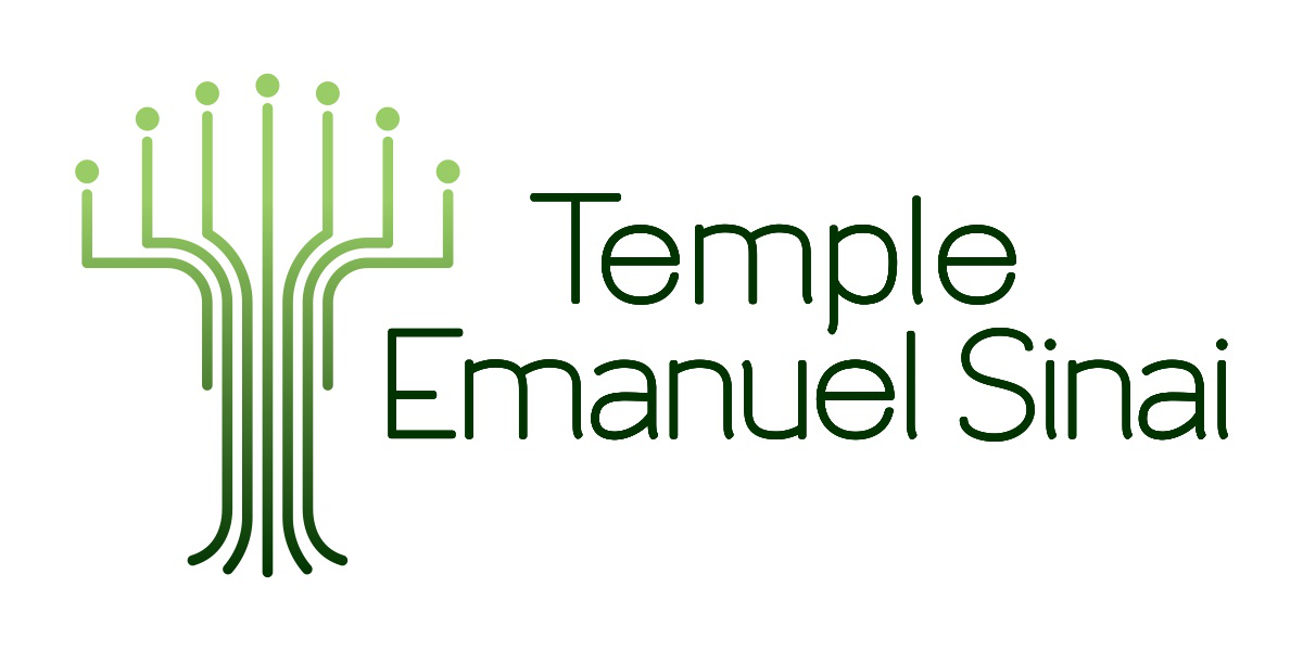 Logo with stylized green menorah and the words 'Temple Emanuel Sinai' in green text.