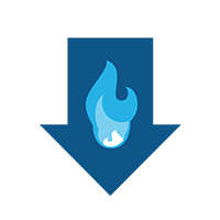 A downward arrow combined with a stylized blue flame icon.