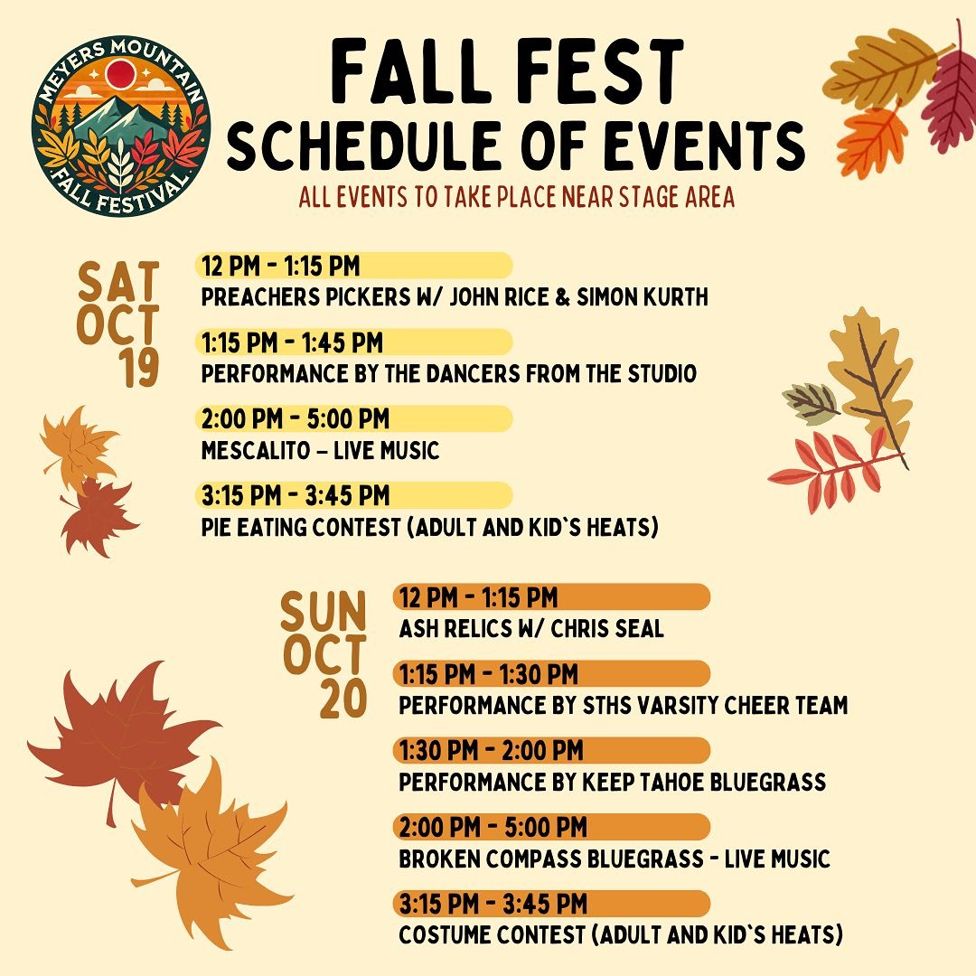 We are so excited to be playing the first annual Meyers Fall Festival this Saturday October 19. 
Try some local food and dance it up. 

🎟️Tickets are on sale now until Friday 10/18 at 5:00 pm. meyersmtnmarket.org/festivaldetails
50% of sales go dire