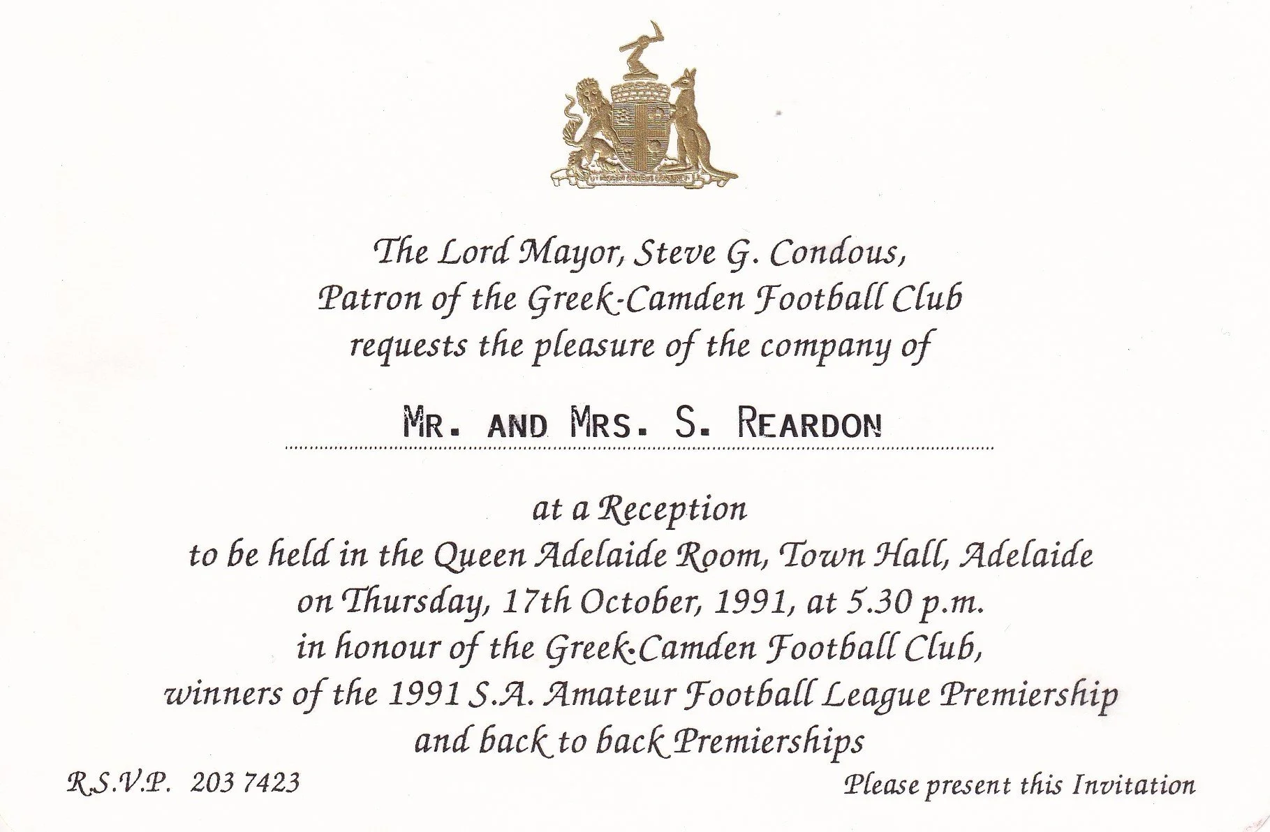 1991 Lord Mayor Invitation