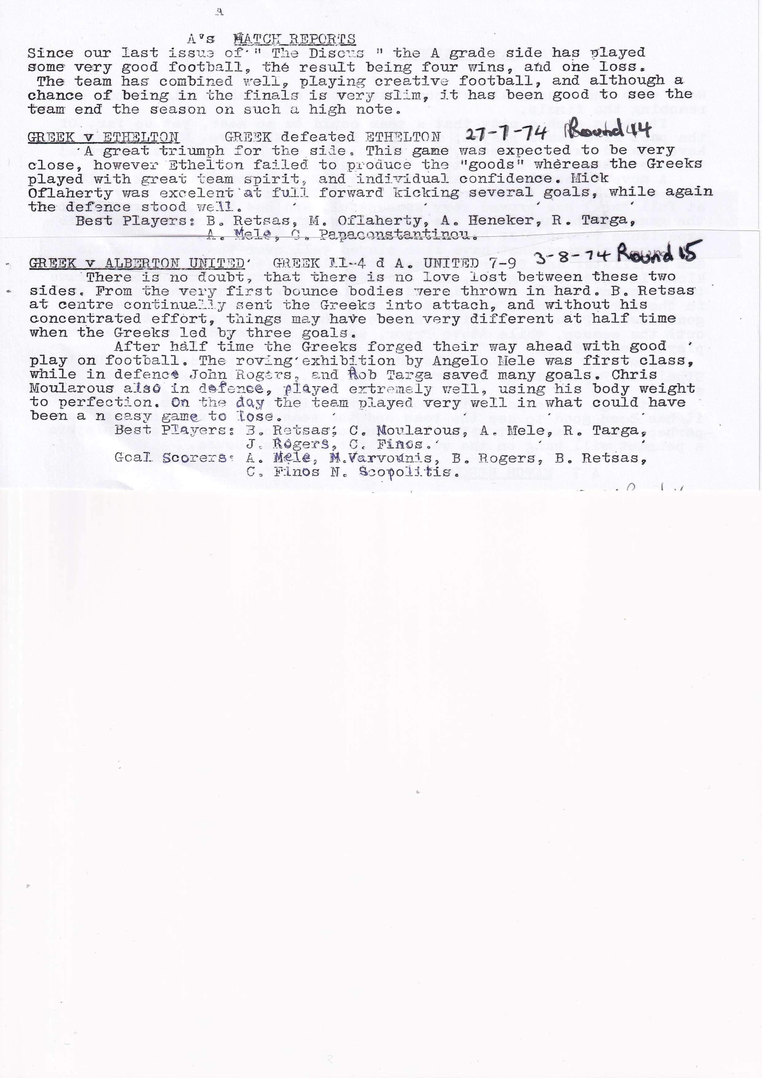 Match Report Round 14 & 15