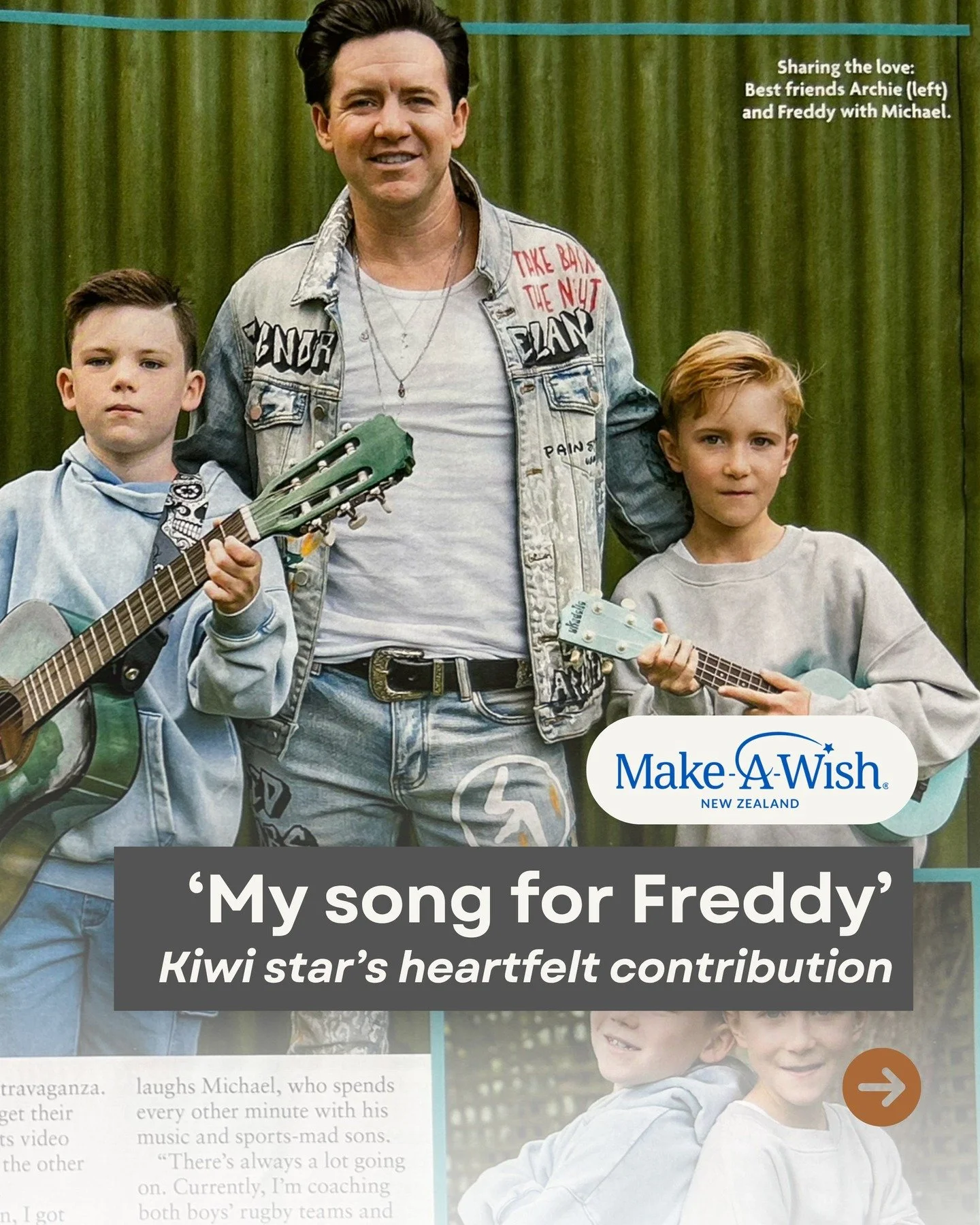 🎧 Hop on Spotify and listen to The Waiting Room, a new single in honour of Make-A-Wish, by Kiwi star Michael Murphy!
“Sprawled in a slick leopard-print suit worthy of a rock star, with princesses, a pirate, a superhero, an astronaut and more