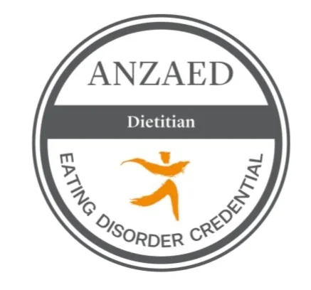 Logo for ANZAED Dietitian with the slogan Eating Disorder Credential in a circular design