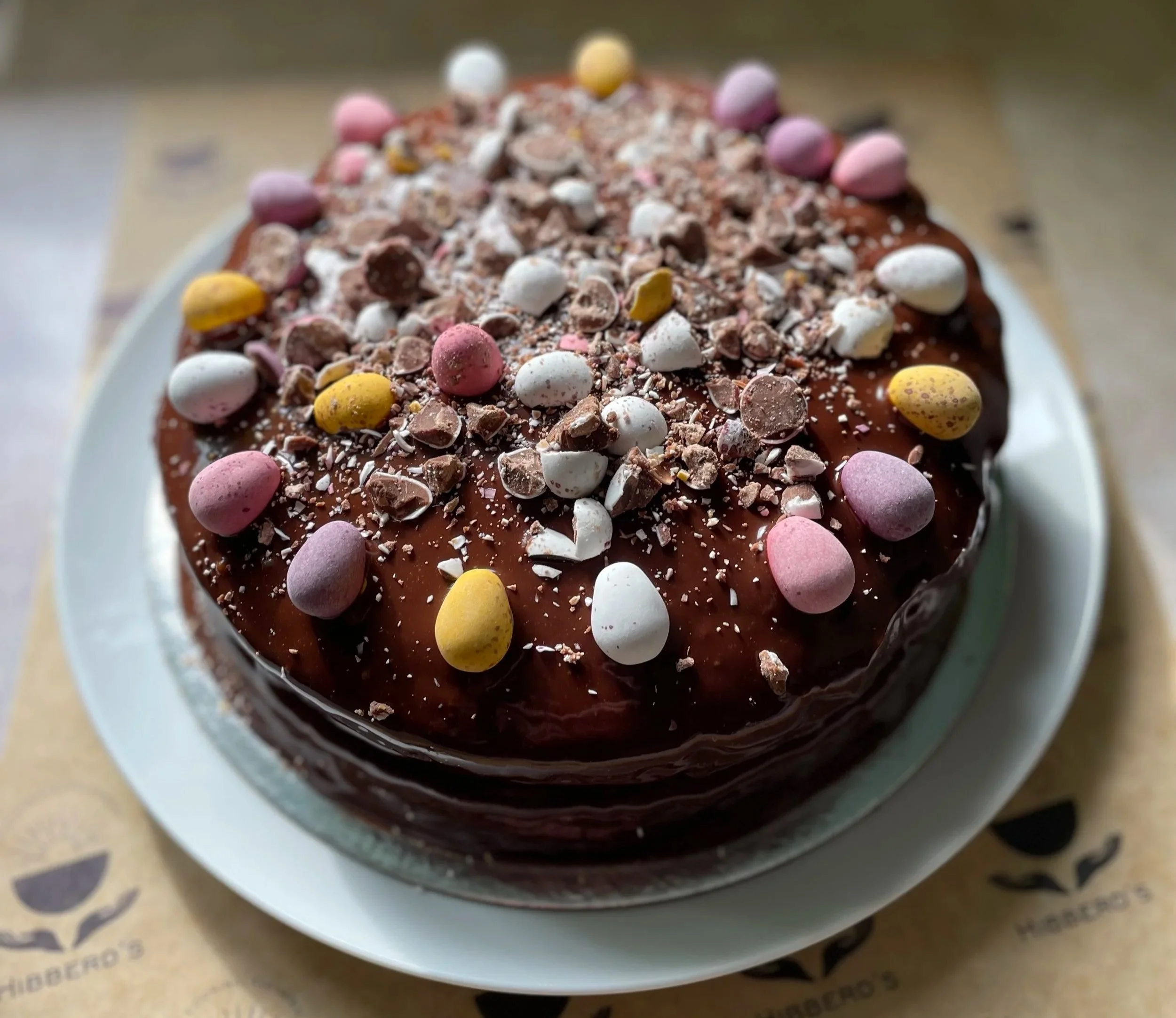 Close-up of a chocolate cake decorated with colorful candy-coated chocolates, crushed candy pieces, and sprinkles on top.