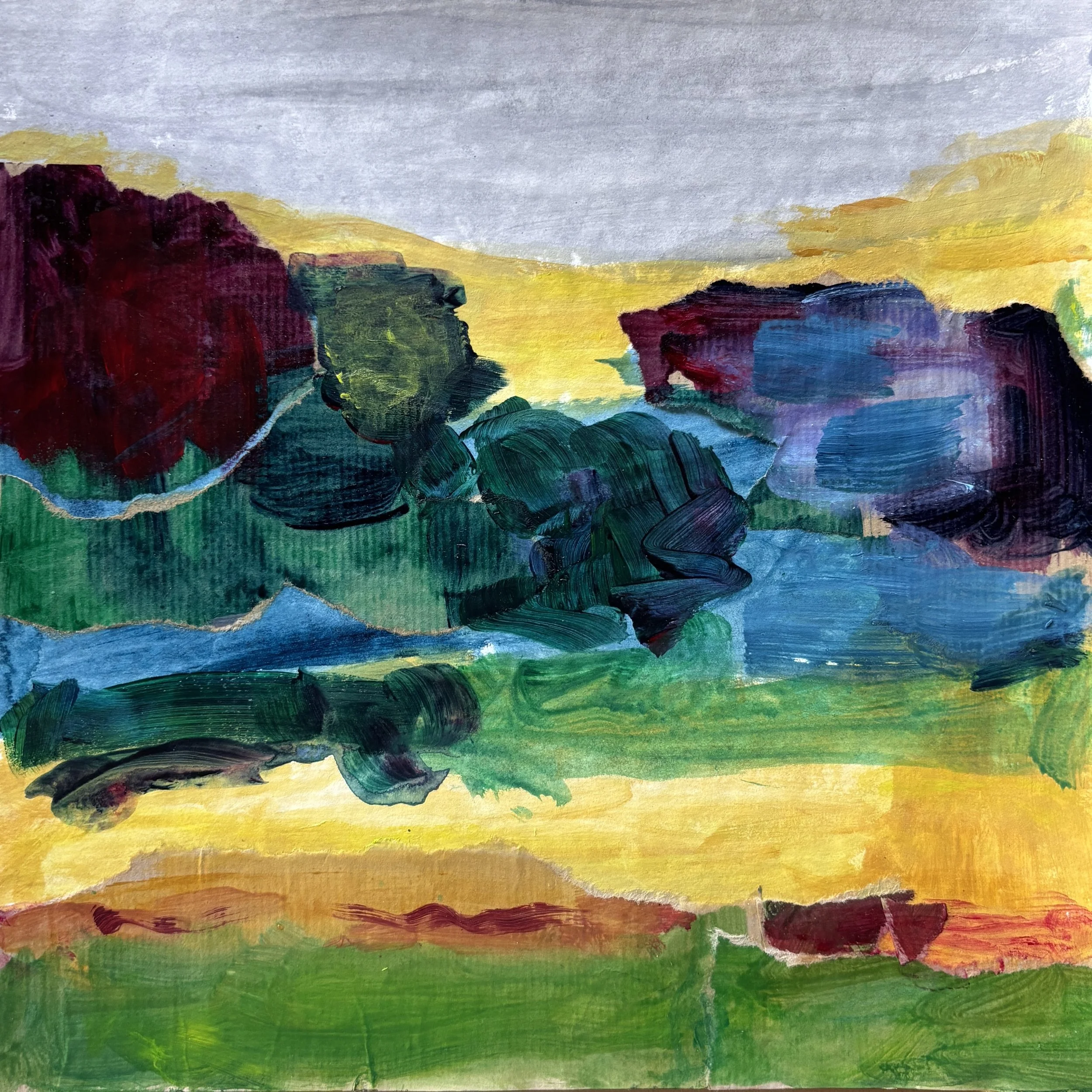 Land en struik, acryl op papier, 30x30 cm, 2026