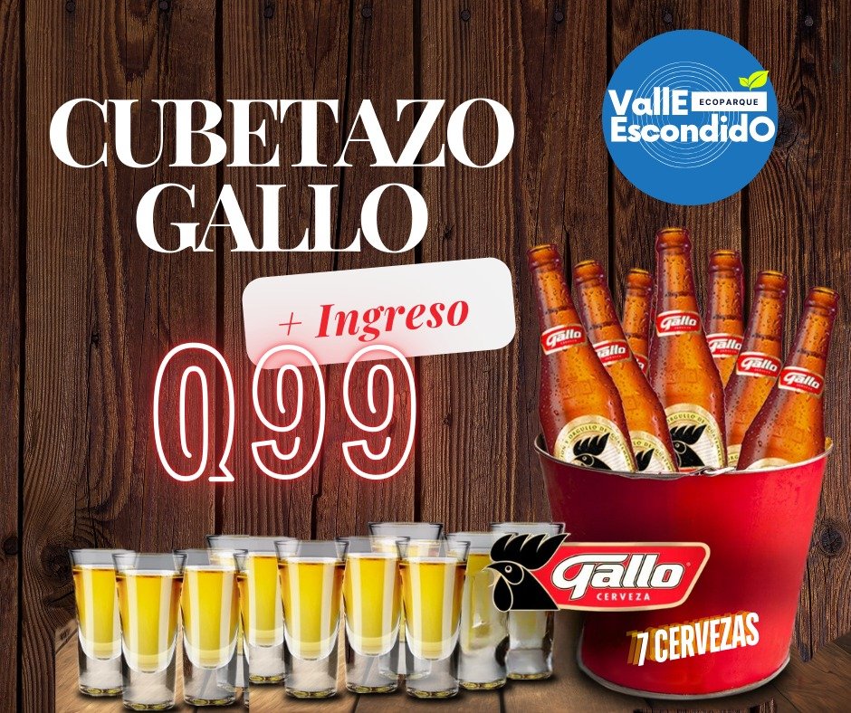 🍻Cubetazo Gallo + Ingreso al Ecoparque por solo Q99🎉
¡Válido únicamente para maestros! 🥸
No te pierdas esta increíble oferta en el evento de Promociones Juegos Magisteriales en Ecoparque Valle Escondido.
Invitamos a t