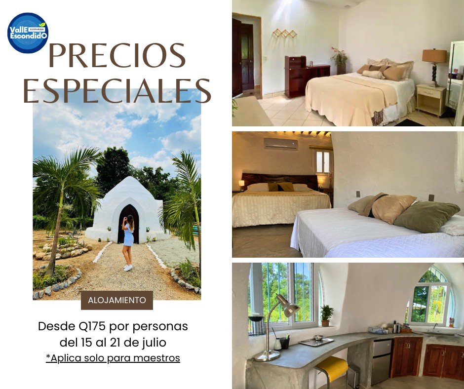 📅 Del 15 al 21 de julio Promoción Exclusiva para Maestros 🎉
Opciones de Alojamiento en Ecoparque Valle Escondido:
🏡 Megadobe 1:
- 1 cama matrimonial
- 1 cama imperial
- Capacidad: 3 personas
- Ingreso al ecoparque
- Precio: Q175 por pers