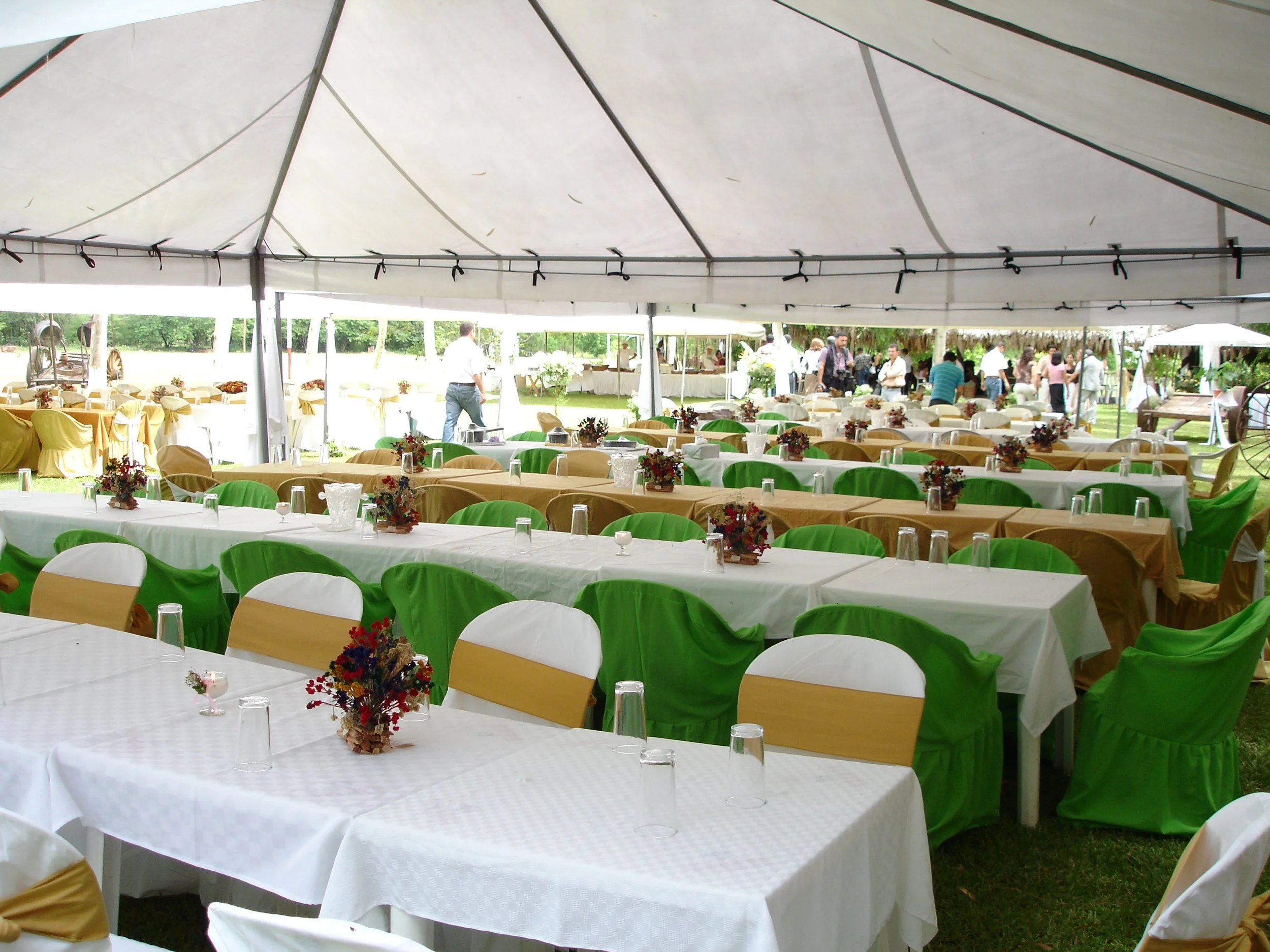 Carpa blanca con mesas y sillas decoradas con manteles blancos y cubrecamas en verde y beige, adornadas con arreglos florales, en un evento al aire libre.