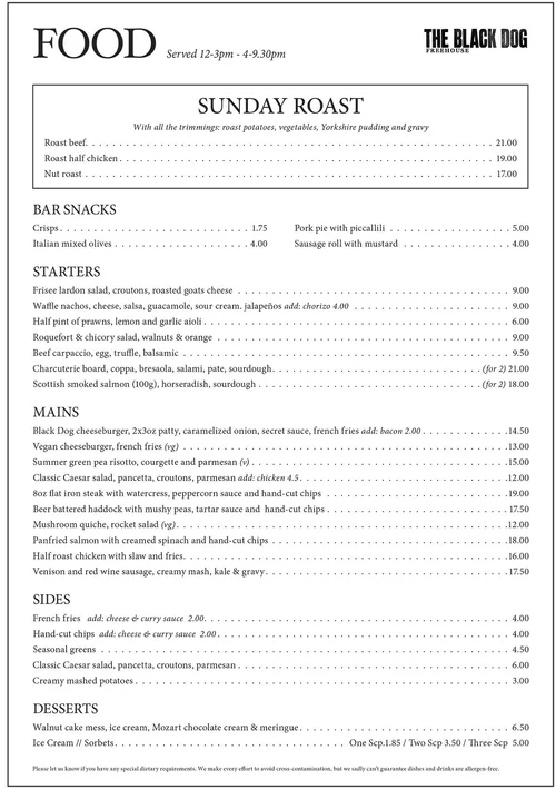 Sunday Roast Menu The Black Dog