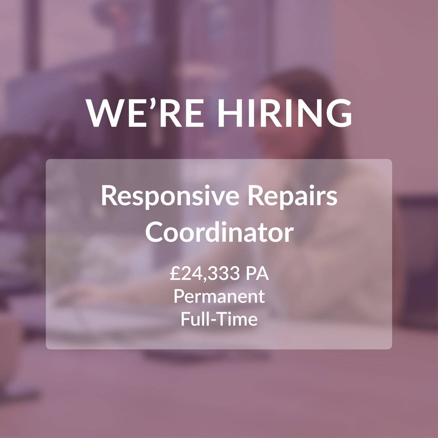 We're Hiring. 📢

We're looking for an enthusiastic Responsive Repairs Coordinator to provide a first point of contact for customer repair enquiries. #UKHousing

If you're interested in joining our expanding team, please let us know by clicking the l