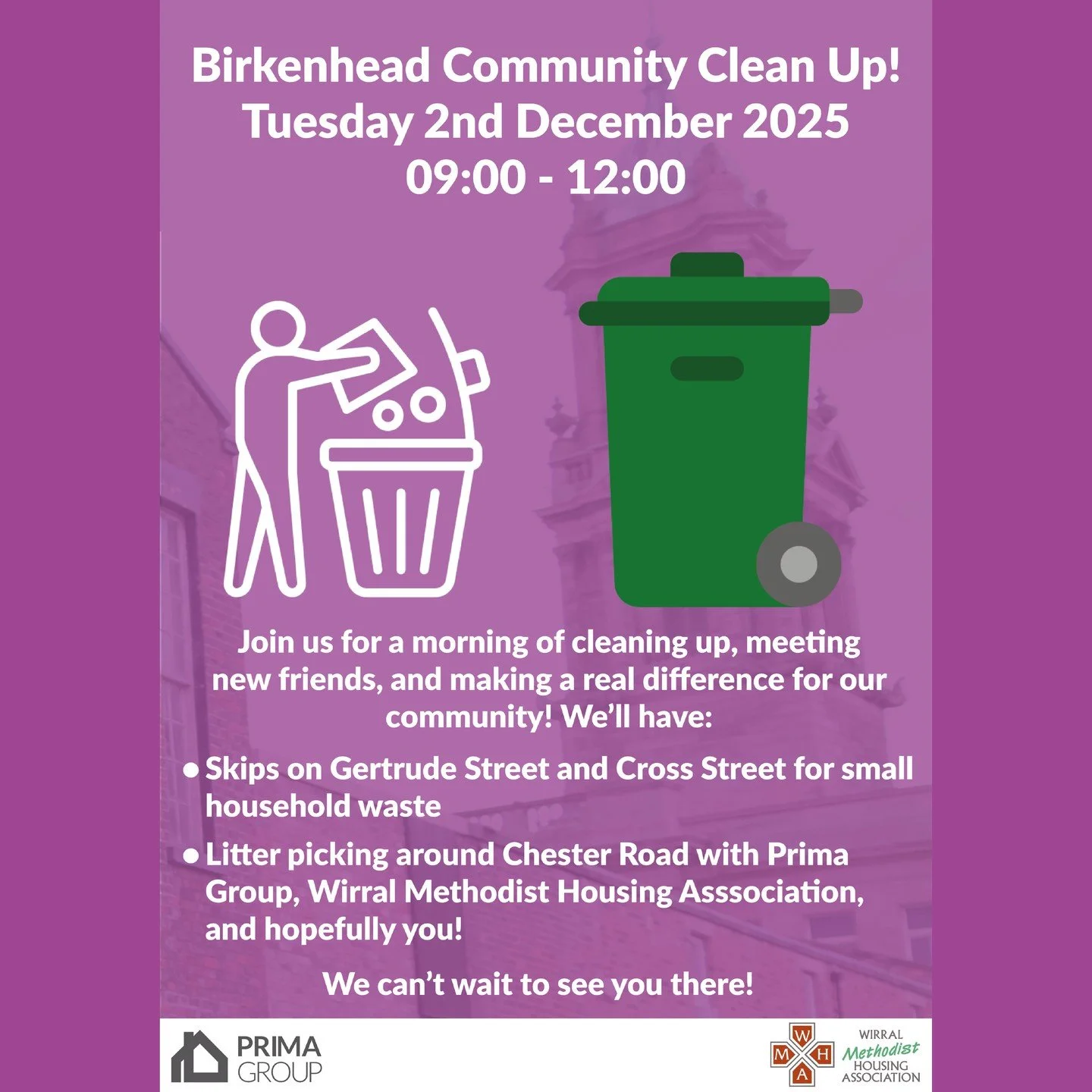 We&rsquo;re excited to invite you to our Birkenhead Community Clean Up in partnership with Wirral Methodist Housing Association! 🤝

We&rsquo;ll be in the area around Chester Street from 09:00 to 12:00 on Tuesday 2nd December 2025, offering an opport