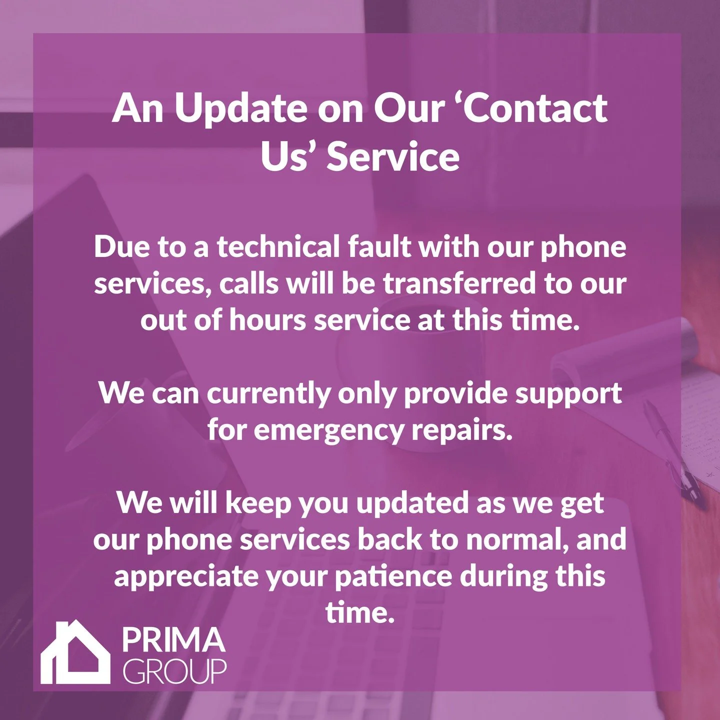 An Update on Our &lsquo;Contact Us&rsquo; Service

Due to a technical fault with our phone services, calls will be transferred to our out of hours service at this time.

We can currently only provide support for emergency repairs.

We will keep you