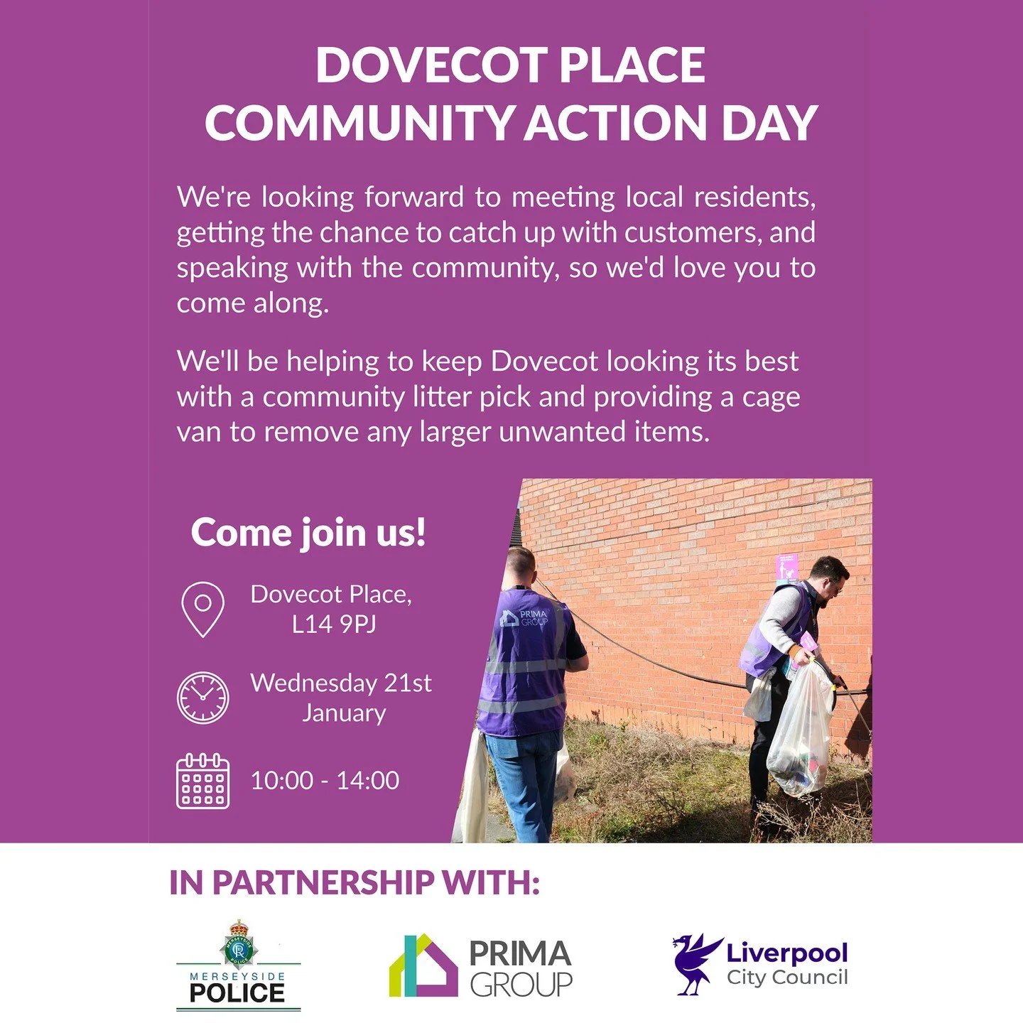 Join us this Wednesday 21st January for our Dovecot Place Community Action Day!

We&rsquo;ll be around from 10:00 &ndash; 14:00 to catch up with our customers, meet with the community, and help keep the area clean with a litter pick.

Got bulky items