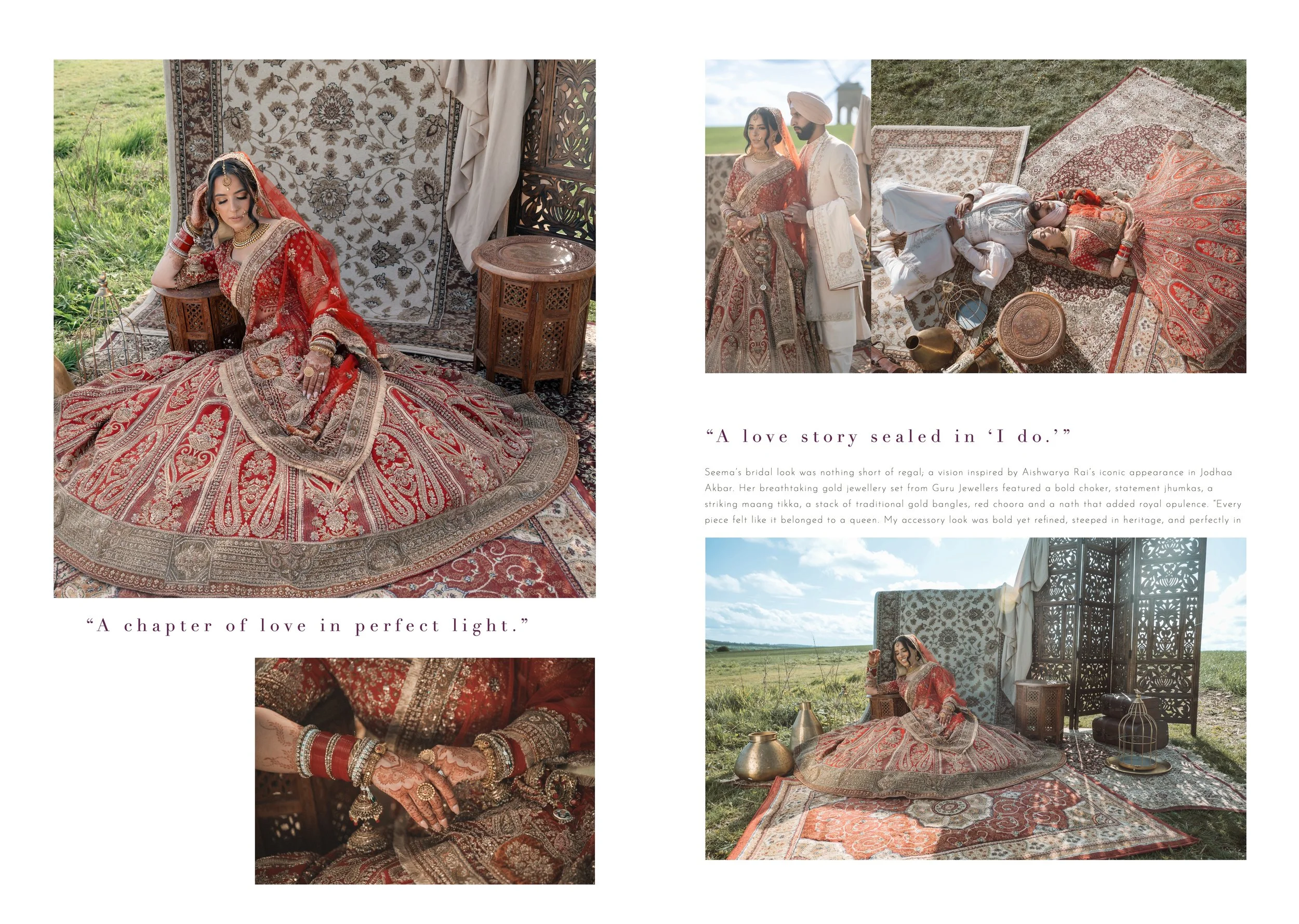 A collage of four images featuring a woman in a red traditional Indian bridal outfit with jewelry, posing in an outdoor setting with rugs, decorative items, and a tent-like arrangement, illustrating a wedding or bridal photoshoot.