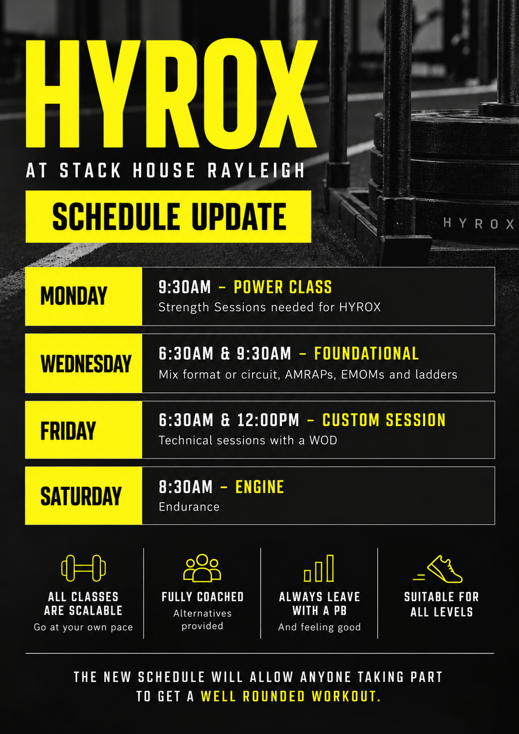 hyrox training classes at stack house gym rayleigh engine running compromised technique foundational amrap emom ladder