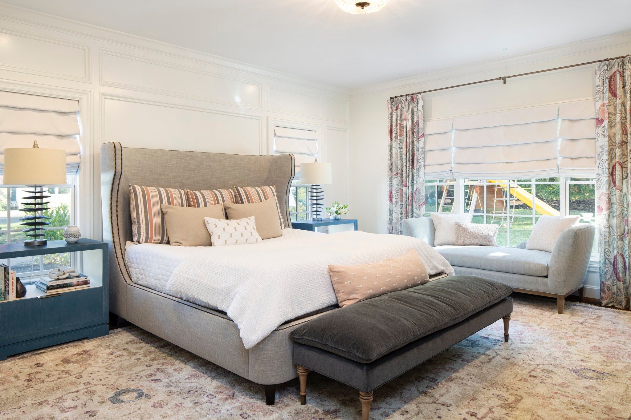 Ann knows exactly how to make a cozy, inviting bedroom. Check out this Hyde Park primary suite featuring @centuryfurniture nightstands, #SandersonFabric draperies, and @jessicacharlesfurniture upholstery! #BedroomInspo

#interiordesign #construction 