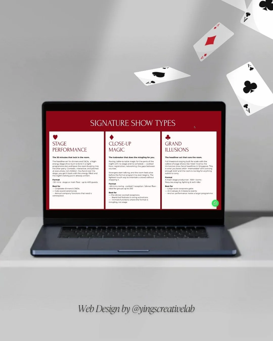 Signature show types page on the Jerryl Tan Magic website, listing stage performance, close-up magic and grand illusions