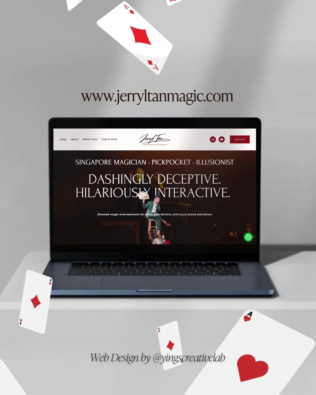 Jerryl Tan Magic homepage on a laptop, a Squarespace website for a Singapore corporate magician designed by Yings Creative Lab