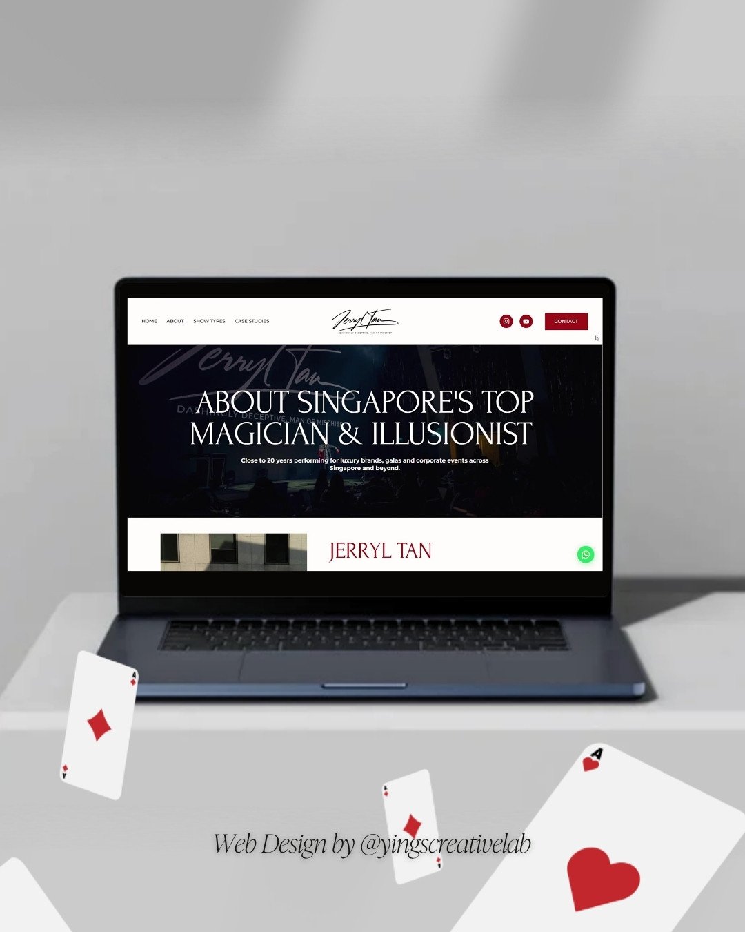 About page for Singapore magician and illusionist Jerryl Tan on a laptop, web design by Yings Creative Lab