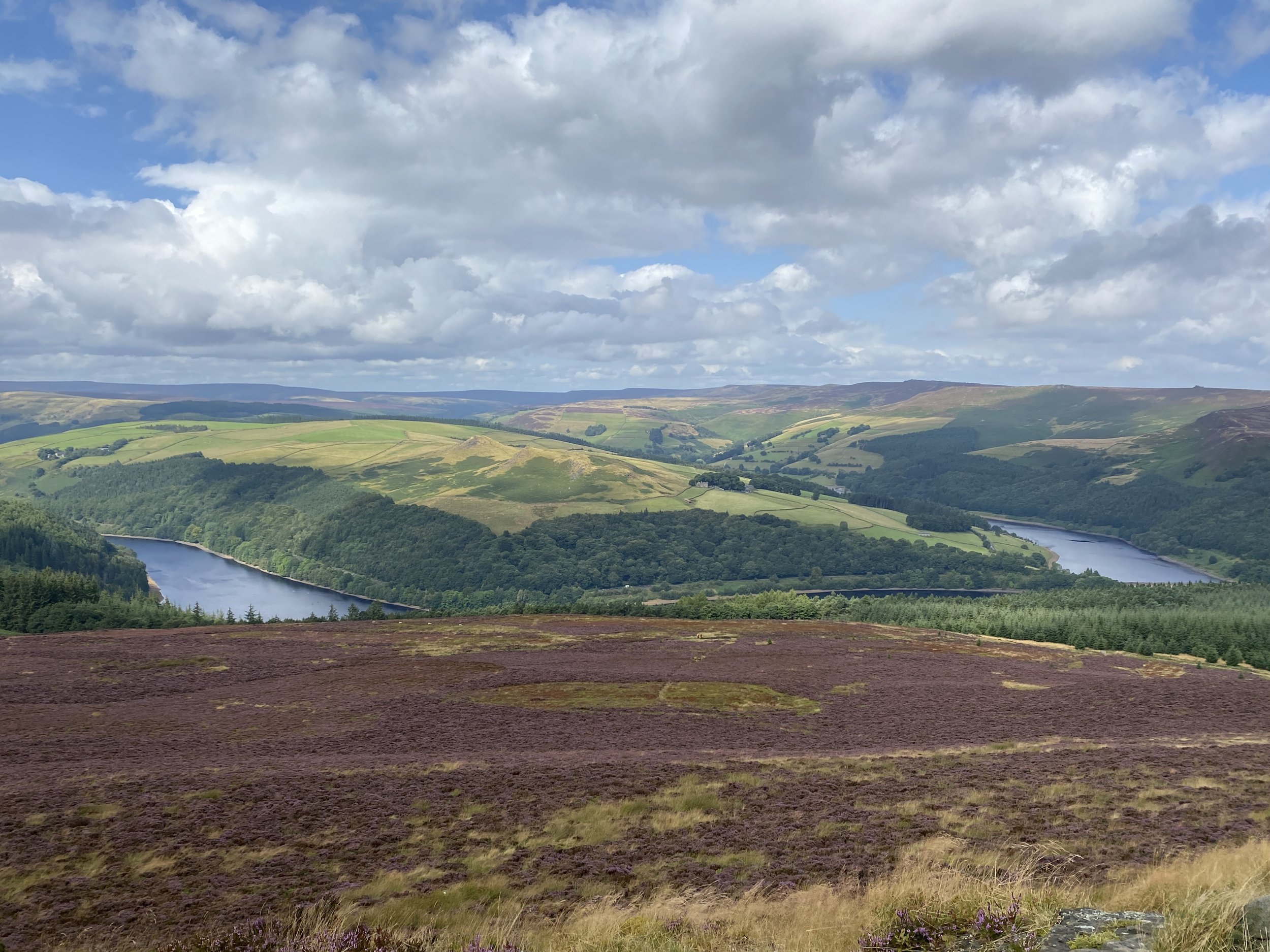 View across heather moors to Ladybower reservoir and the hills beyond