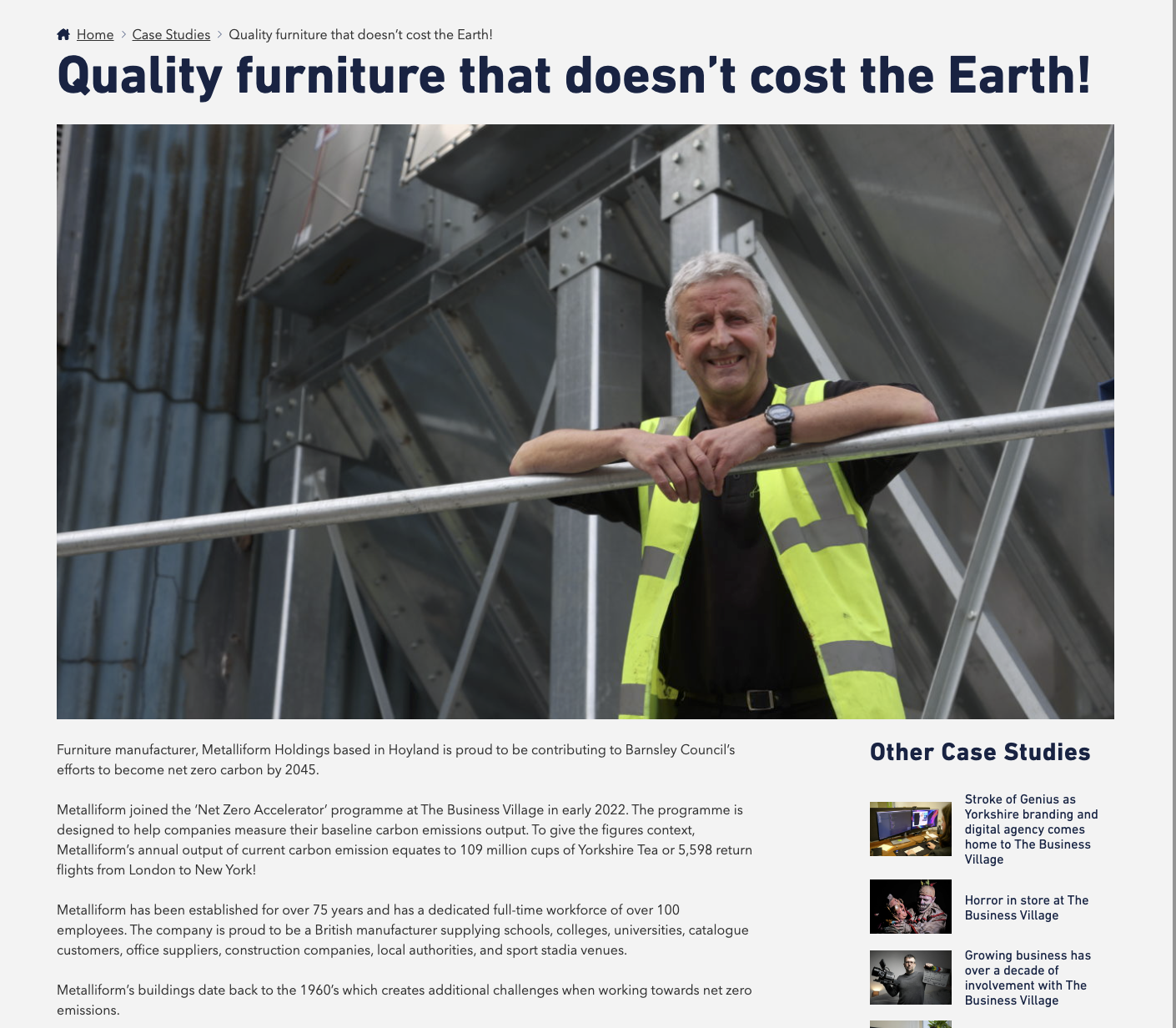 Screenshot of Net Zero case study published online