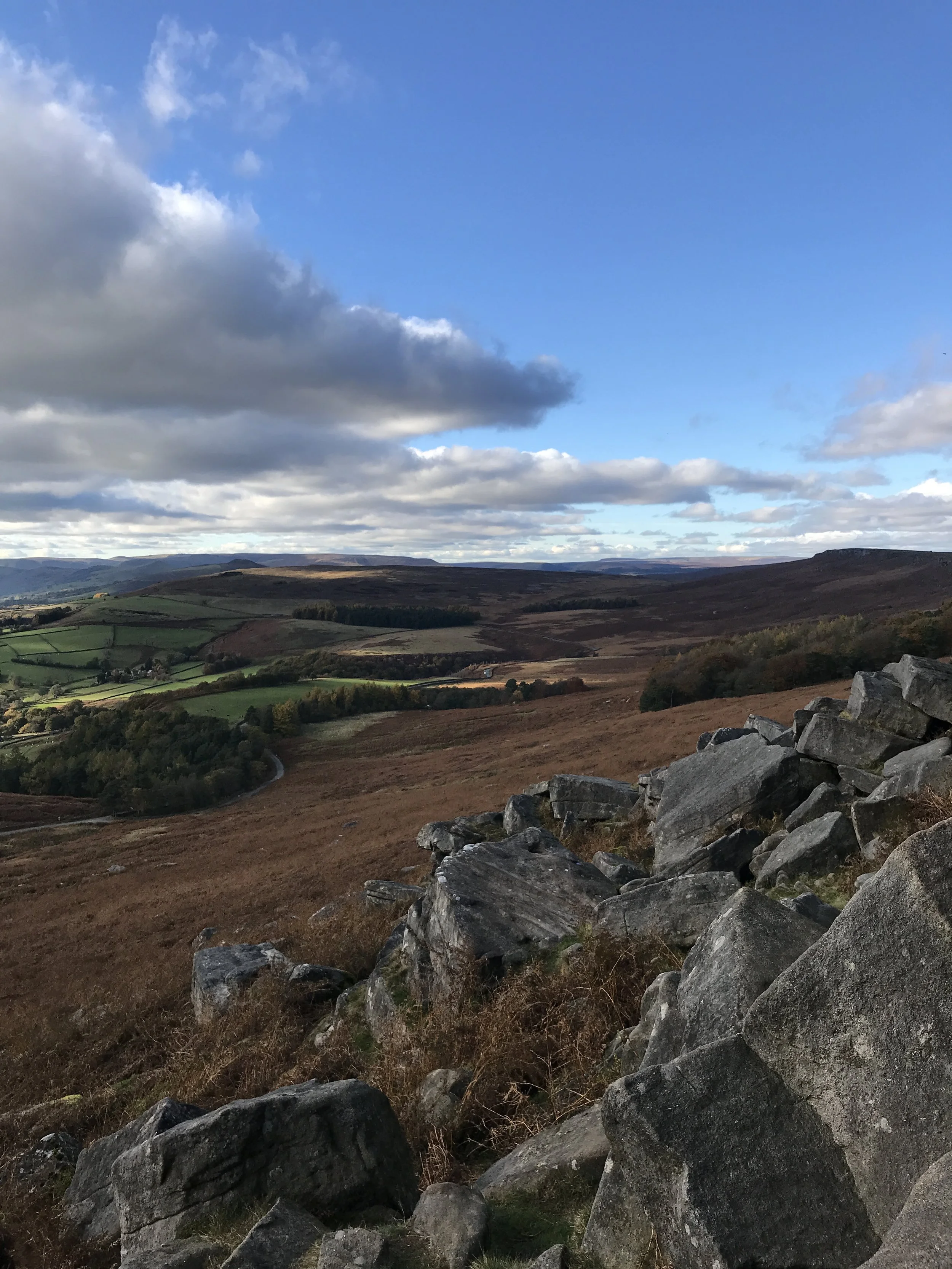 View of Stanage Edge rocks in the Peak District National Park, with moors in background