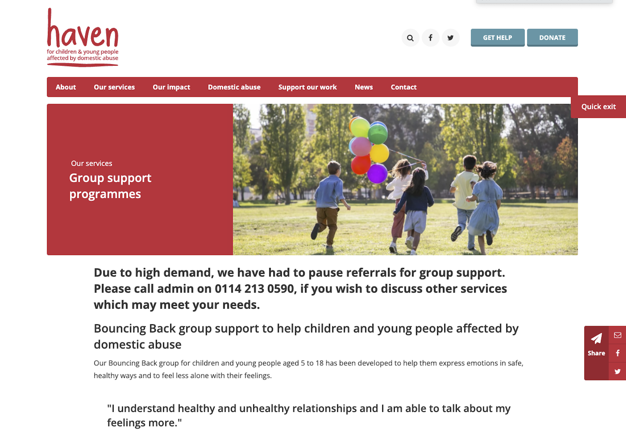 Screenshot of Haven website page