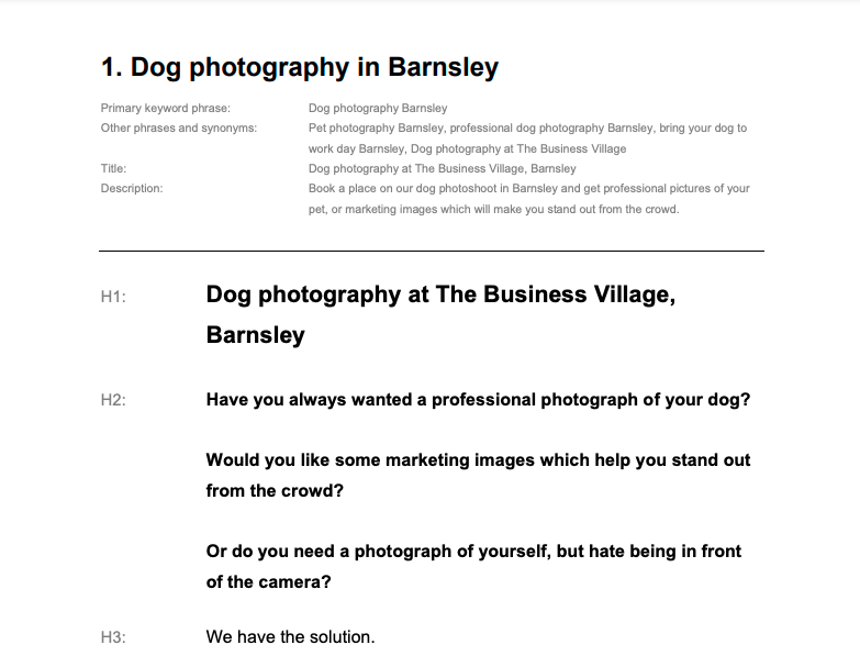 Screenshot of web copy outline for dog photography day