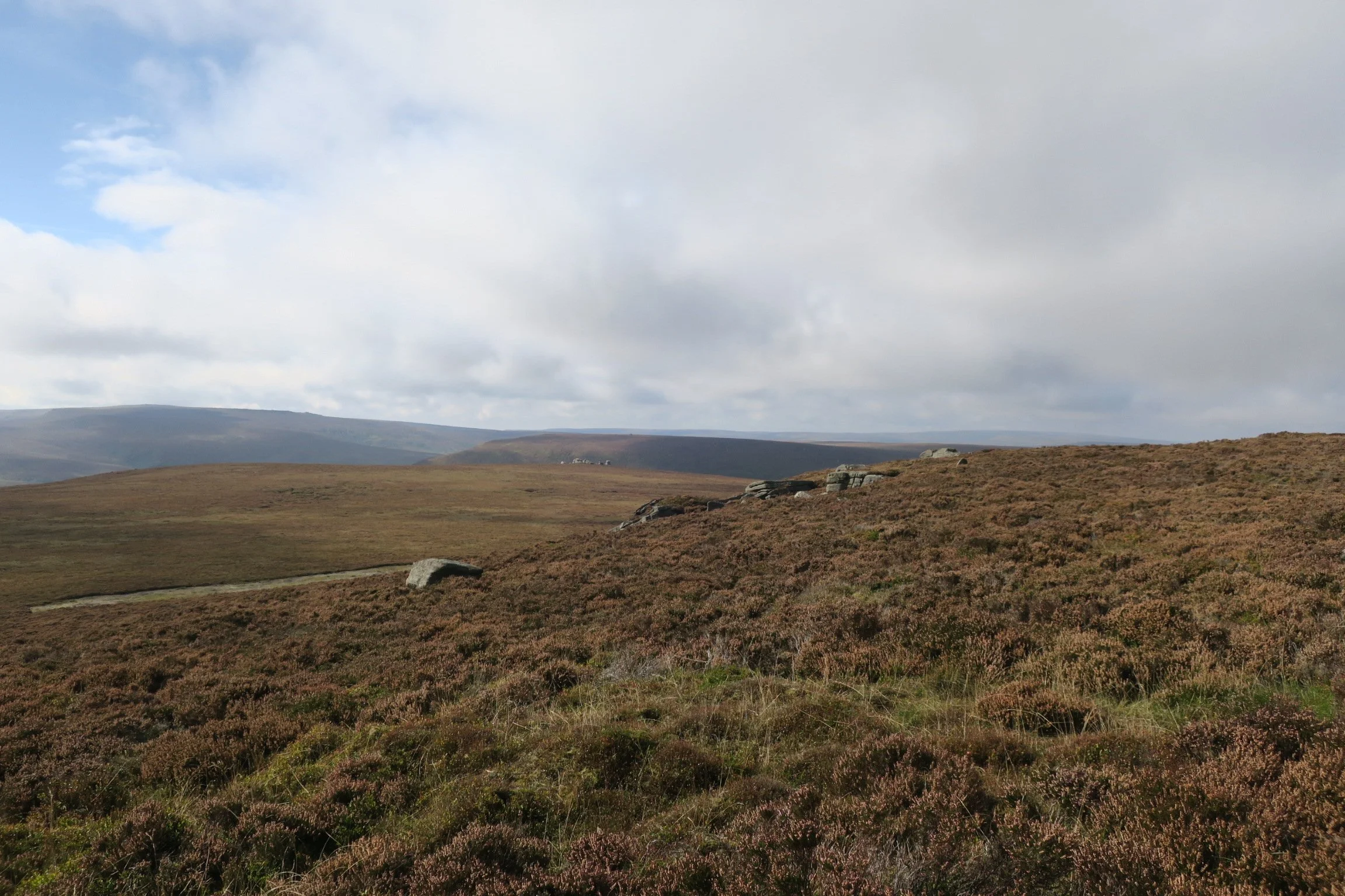 A wide landscape view of open countryside in the Peak District above Langset, with rolling hills and rocky outcroppings under a partly cloudy sky.