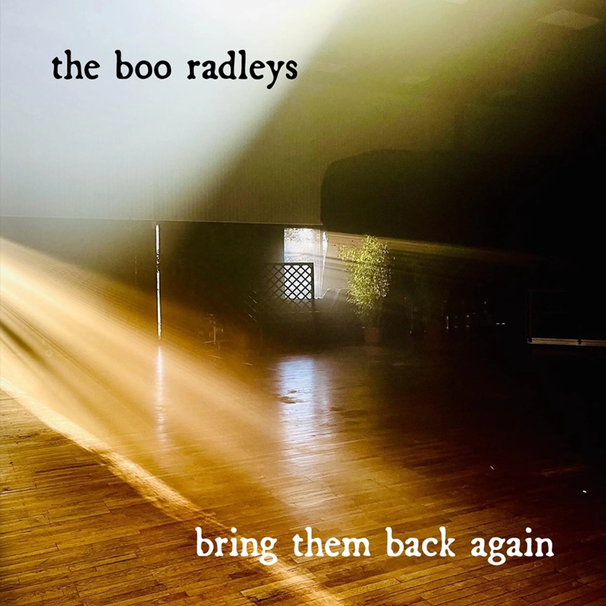 The Boo Radleys Bring Them Back Again single cover with warm light beams in a rehearsal studio promoting new music release.