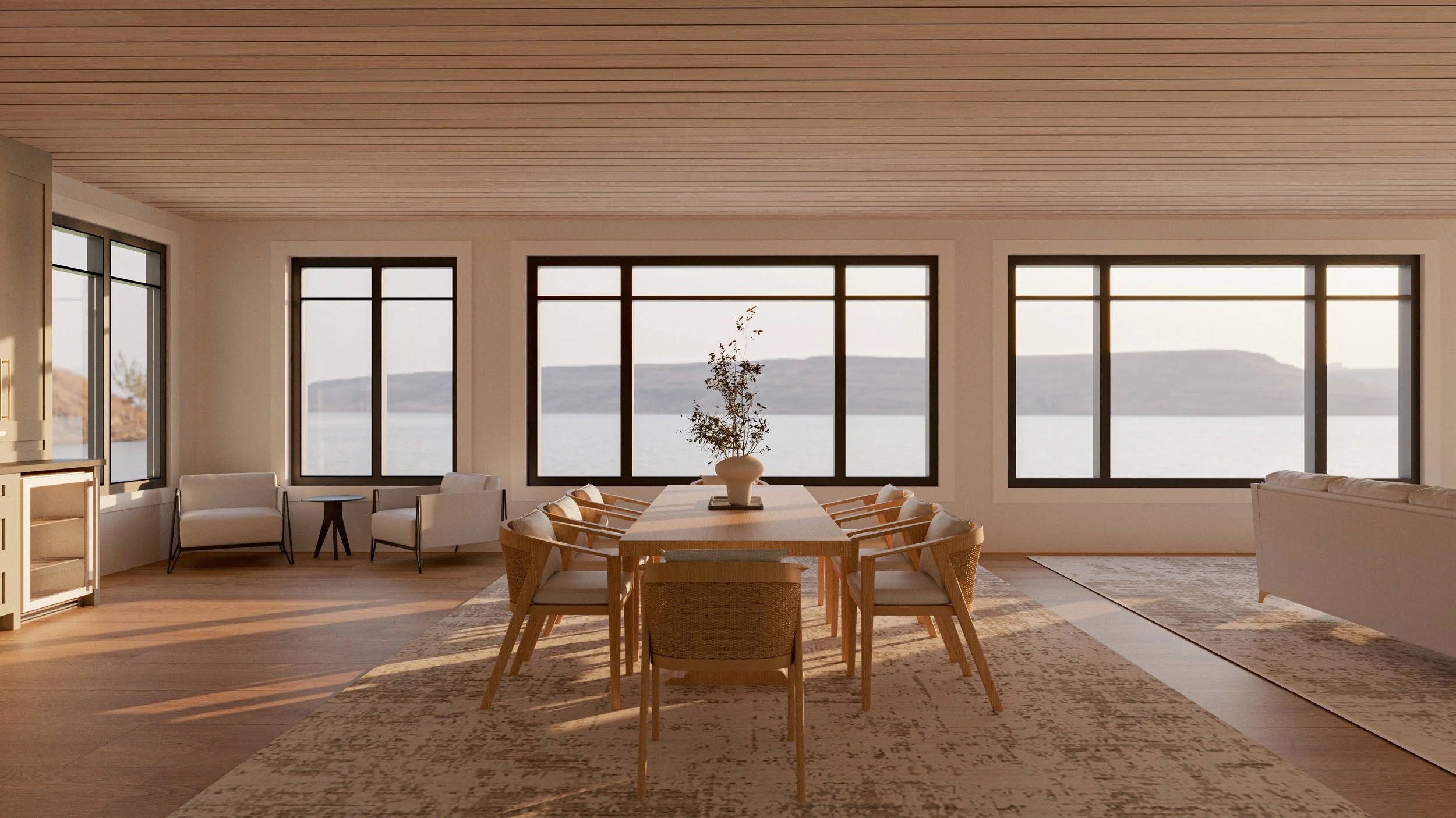 3D interior design renderings of a beautiful dinning room with a large window and a view of the lake